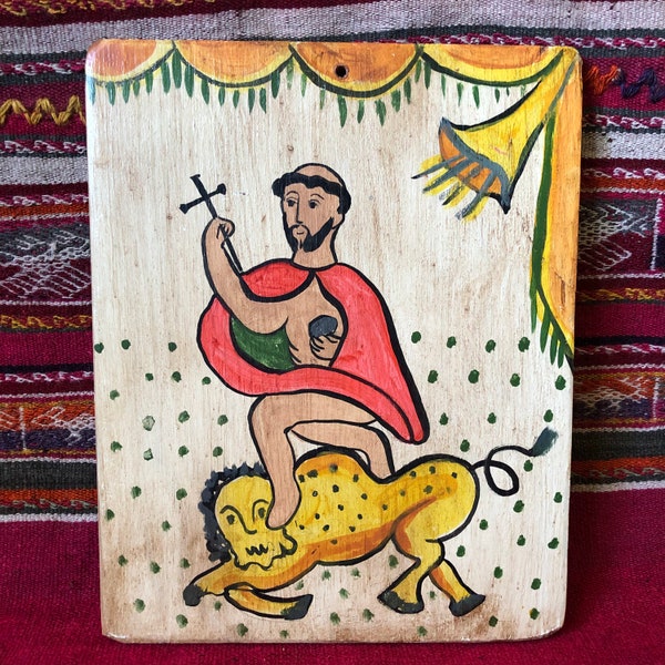Signed New Mexican Retablo by Listed Artist & Santera Irene Martinez Yates - San Geronimo with Lion