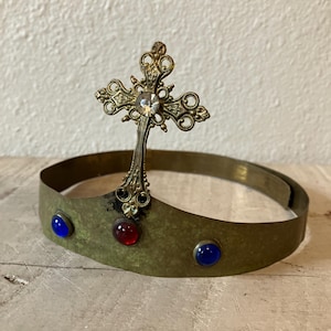 X-Large Antique French Brass Metal Diadem Crown Tiara with Cross and Diamentes for Santos Cage Doll - Adjustable