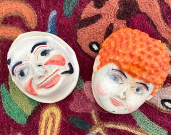 Pair of Folk Art Painted Caricature Heads or Masks