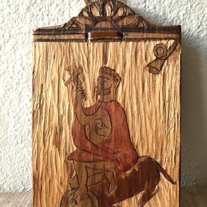 Signed New Mexican Retablo Wood Bas-Relief of San Geronimo with a Lion - Carlos Santistevan