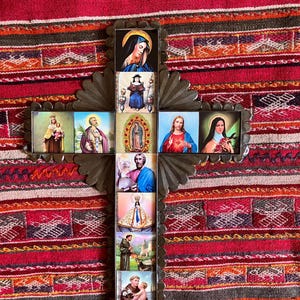 Mexican Tin Cross with Catholic Saint Tiles  - Santos