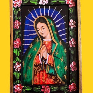 Hand-Painted Wood Mexican Retablo - Virgen de Guadalupe - Our Lady of Guadalupe - Rostro B Green