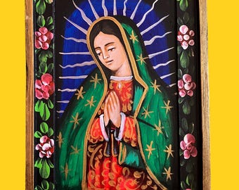 Handbemaltes mexikanisches Holz Retablo - Virgen de Guadalupe - Unsere Liebe Frau von Guadalupe - Rostro B Grün