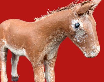 Folk Art Painted Carved Wooden Donkey Burro with Glass Eyes