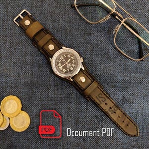 Printable PDF leather watch strap pattern, military-style pin buckle model, lined leather sewing pattern with rivets for men