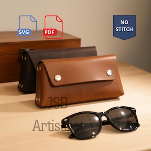 May include: A brown leather glasses case with a silver snap closure. The case is displayed with a pair of black sunglasses and two other leather cases. The image also includes the text "SVG", "PDF", and "NO STITCH".