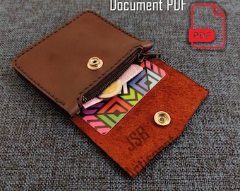 Printable leather wallet pattern PDF, small zippered wallet with card slot and snap flap, compact diy leathercraft project beginner