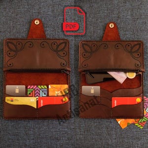 Patrón cartera de cuero PDF imprimible, monedero largo con cremallera, tarjetero y funda para móvil, plantilla marroquinería fácil DIY