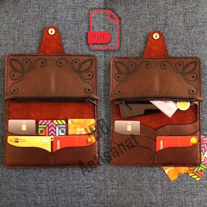 Patrón cartera de cuero PDF imprimible, monedero largo con cremallera, tarjetero y funda para móvil, plantilla marroquinería fácil DIY