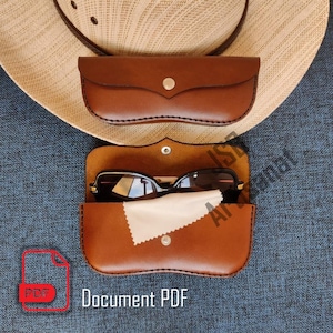 Elegant leather glasses case pattern PDF to print, model with snap button flap, easy DIY leathercraft accessory for beginners
