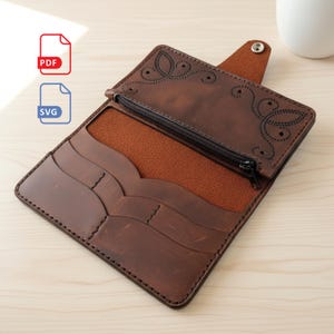 Può includere: Portafoglio aperto in pelle marrone con più fessure per carte e una tasca con cerniera. Il portafoglio presenta decorazioni traforate e una chiusura a scatto. L'interno è foderato con un materiale marrone più chiaro. Icone PDF e SVG visibili.