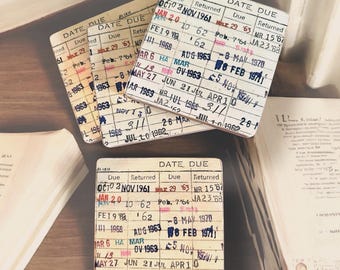 Library Card Coasters, Book Lover Gift, Vintage Style (Set of 4)