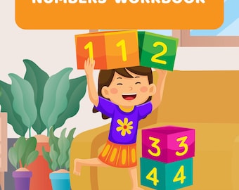 May include: A girl holds up colorful blocks with the numbers 1 and 2.  She is standing next to a couch with more blocks stacked on top of each other, showing the numbers 3, 3, 4, and 4. The text "Kindergarten Numbers Workbook" is at the top of the page.