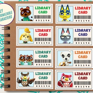 May include: Eight printable library card templates featuring different Animal Crossing characters. Each card has a blue background with a white border and the text "LIBRARY CARD" in red and white. The cards also include a barcode and the number "031196".