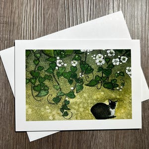 Chat smoking sous les vignes en fleurs - Carte vierge aquarelle par K.L. Rockwell