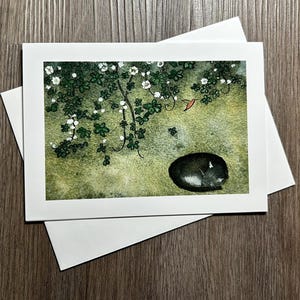 Chat smoking dormant sous les vignes avec colibri - Carte vierge aquarelle par K.L. Rockwell