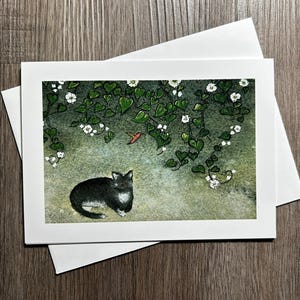 Chat avec liane et colibri - Carte vierge aquarelle par K.L. Rockwell
