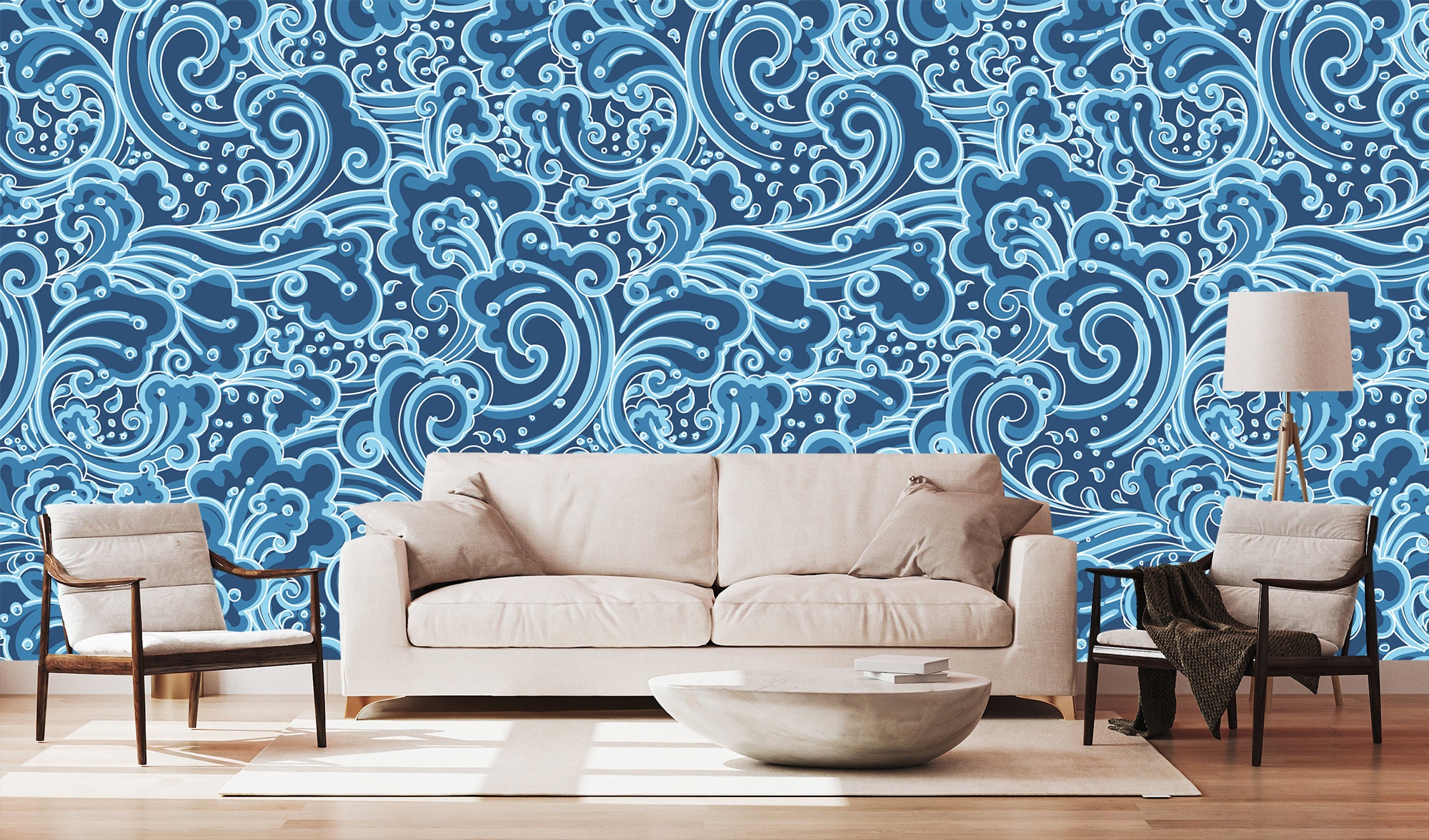 Elegant Ocean Waves Pattern Wallpaper Blue Sea Wave Wall Decor Coastal