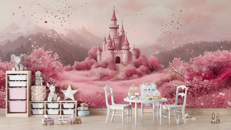 Pink Fairy Tale Castle Wallpaper Peel and Stick Wallpaper Removable ...