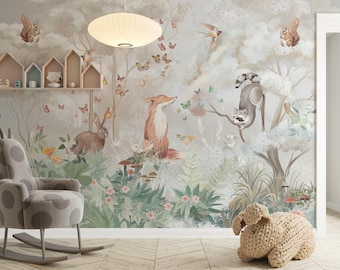 Woodland Nursery Wall Mural, Peel and Stick Wallpaper, Custom Size Forest Animal Wall Decor, Neutral Baby Room, Pastel Kids Room