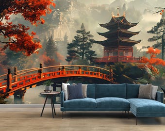 Tapeta samoprzylepna z japońską pagodą, fototapeta z mostem w ogrodzie zen, zdejmowana tapeta z azjatyckim krajobrazem, dekoracja w niestandardowym rozmiarze