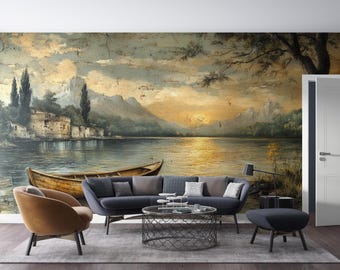 Vintage Lake Sunset Wallpaper Mural Peel and Stick, Rustic Boat Wall Mural, Removable Custom Size Landscape Wallpaper Decor