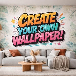 May include: A contemporary living room with a light grey sectional sofa, a round wooden coffee table, and a rug. The wall features a mural with the text "CREATE YOUR OWN WALLPAPER!" in bright colours. A large potted plant adds greenery.