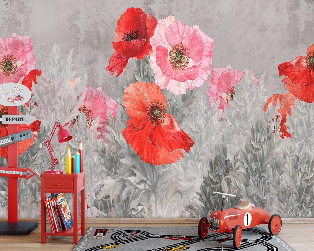 Watercolor Poppy Mural, Red Floral Peel and Stick Wallpaper - Etsy