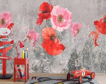 Watercolor Poppy Peel and Stick Wallpaper, Red Floral Botanical Wall Mural, Elegant Flower Art, Removable Custom Size Decor
