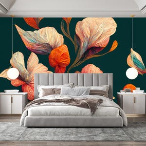 May include: A bedroom featuring a large floral mural in shades of orange, peach, and purple against a dark teal background. The room includes a bed with a gray headboard, two bedside tables, and a gray rug.