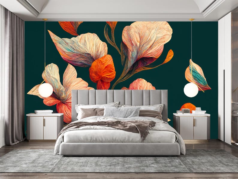 May include: A bedroom featuring a large floral mural in shades of orange, peach, and purple against a dark teal background. The room includes a bed with a gray headboard, two bedside tables, and a gray rug.