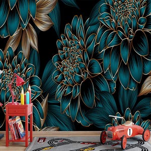 Carta da parati floreale di lusso color verde acqua e oro, motivo botanico audace, design floreale Art Déco per soggiorno, camera da letto, ufficio, murale floreale personalizzato