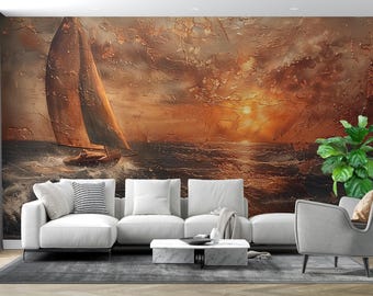 Peel and Stick Coastal Wallpaper Mural, Sunset Sailing Boat Wall Mural, Nautical Ocean Wallpaper, Removable Custom Size Decor