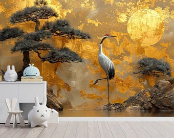 Chinoiserie Crane Wallpaper Peel and Stick Wall Mural, Japanese Gold Bird Wallpaper, Luxury Asian Wall Decor, Removable Custom Size