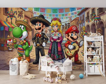 Super Mario Mexicaans Feest Behang, Mario Luigi Yoshi Peach Muurschildering, Zelfklevende Kinderkamer Decoratie, Op maat gemaakt