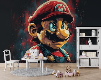 Super Mario Retro Arcade Plumber Hero Peel and Stick Wallpaper, Boys Game Room Wall Mural, Removable Custom Size Gamer Decor