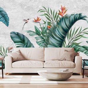 Tropical Jungle Wall Mural With Lush Green Leaves and Exotic Birds ...