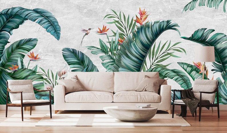 Image showcasing Tropical Jungle Wall Mural With Lush Green Leaves and Exotic Birds ...