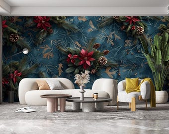 Christmas Floral Peel and Stick Wallpaper, Elegant Holiday Flower Wall Mural, Festive Winter Botanical Design, Removable Custom Size