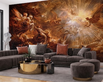 Papier peint autocollant Bataille des anges, décoration murale Renaissance, dimension personnalisée amovible, décoration de salon baroque fantastique
