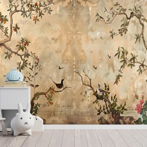 ヴィンテージ シノワズリ 貼ってはがせる壁紙 鳥と花