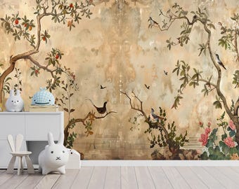 Vintage Chinoiserie Peel and Stick Wallpaper, Birds and Blossoms