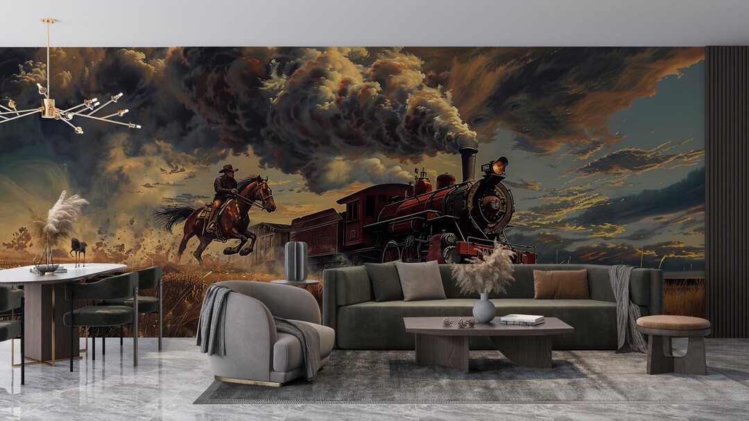 Western Cowboy Train Wall Mural Peel and Stick Wallpaper Vintage Steam ...