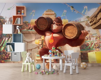Donkey Kong behang, Donkey Kong muurschildering, behang voor de gamekamer, decoratie voor de kinderkamer, jungle-avontuur muurschildering, zelfklevend behang