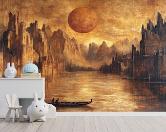 Gothic Castle Wall Mural Peel and Stick Wallpaper, Dark Fantasy City Wall Art, Medieval Kingdom Removable Wallpaper Custom Size