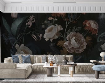 Dark Floral Peel and Stick Wallpaper, Moody Botanical Wall Mural, Removable Custom Size Vintage Flower Wallpaper Decor