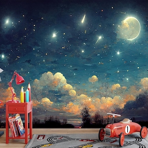 Starry Night Sky Wallpaper – Dreamy Moon & Clouds Wall Mural for Bedroom, Kids Room or Meditation Space