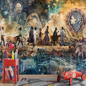 Può includere: Un murale vibrante raffigura una processione di figure, animali e immagini simboliche. Un'auto giocattolo rossa è su un tappeto grigio con un design a pista. Un tavolino rosso contiene libri, matite e una lampada. La parola "Depart" è visibile.