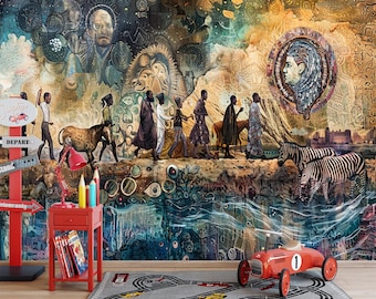 エスニックアフリカンデザイン 剥がせる壁紙、壁画、剥がして貼る大型