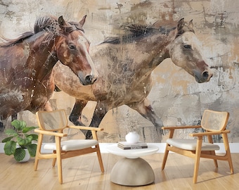 Wild Horses Wall Mural Peel and Stick Wallpaper, Running Horse Wallpaper, Removable Wallpaper, Watercolor Horse Mural, Custom Size Wall Deco